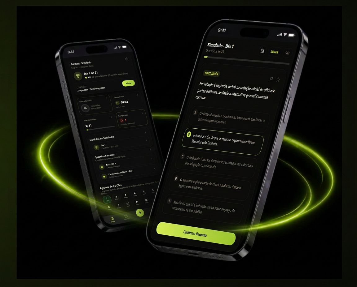 Plataforma do Desafio 21 Dias CHQAO no celular, com simulado cronometrado e painel de desempenho